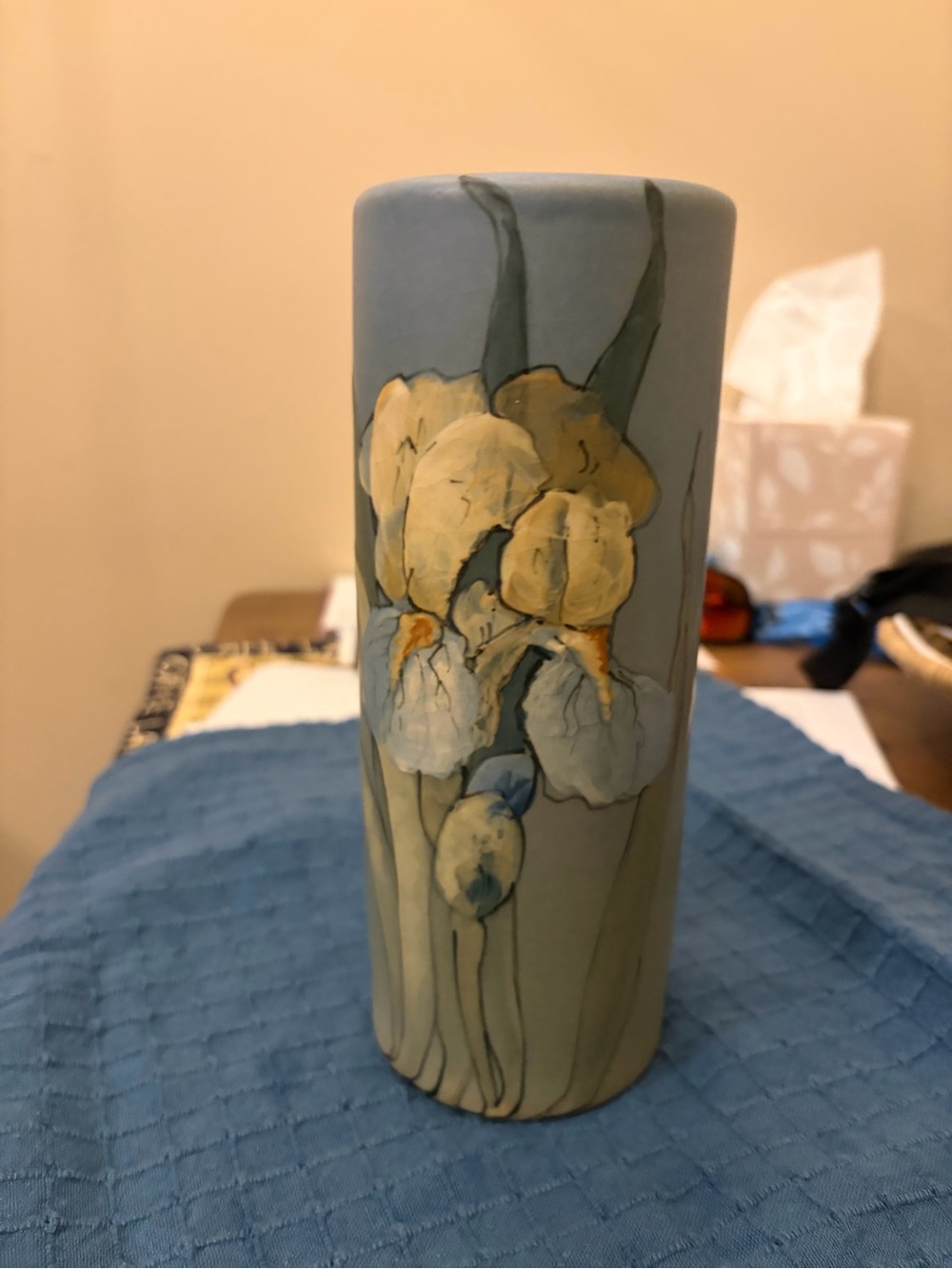 Weller Hudson Blue Floral Ceramic Cylinder Vase with Yellow Accent
